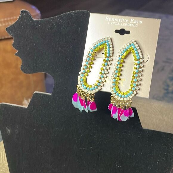 Mixit CZ Rhinestone Dangle Earrings Multicolor Stones Sensitive Ears Hypo NWOT - Picture 3 of 5